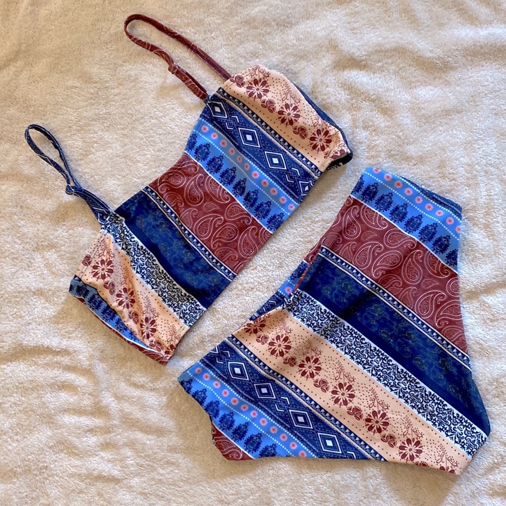 Shein Tribal High Waist Bohemian Print Bikini Top & Bottom Adjustable 2Pc Set